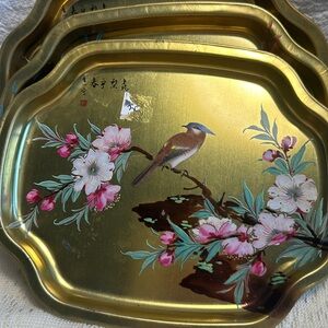 3 Golden Oriental Trays With Birds And Flowers Elite England 7.5 x 6in